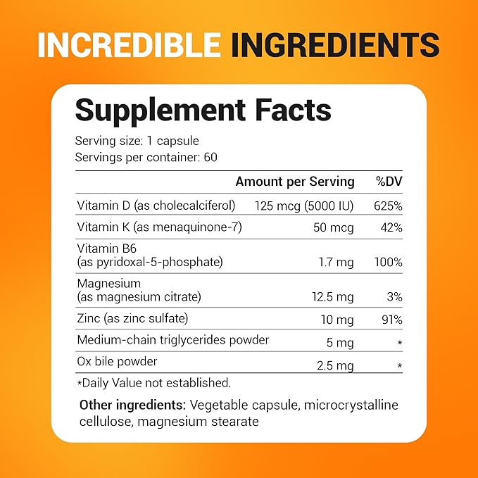 Dr. Berg D3 K2 Vitamin 5000 IU w/MCT Powder - Includes 50 mcg MK7 Vitamin K2, Purified Bile Salts, Zinc & Magnesium for Ultimate Absorption - K2 D3 Vitamin Supplement - 60 Capsules
