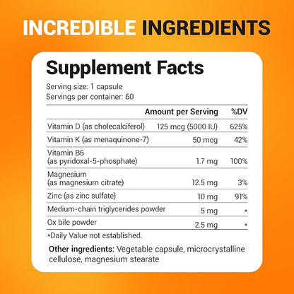 Dr. Berg D3 K2 Vitamin 5000 IU w/MCT Powder - Includes 50 mcg MK7 Vitamin K2, Purified Bile Salts, Zinc & Magnesium for Ultimate Absorption - K2 D3 Vitamin Supplement - 60 Capsules