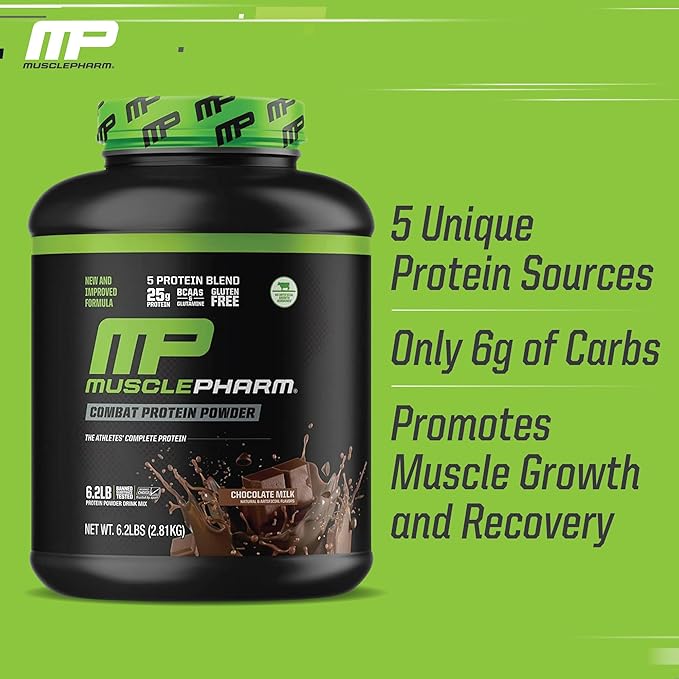 MusclePharm Combat Protein Powder, Chocolate Milk Flavor, Fuels Muscles for Productive Workouts, 5 Protein Sources Including Whey Protein Isolate & Egg Albumin, Gluten Free, 6.2 lb, 77 Servings