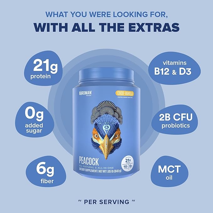 BIRDMAN Peacock Vegan Protein Powder | Complete Plant Based Meal Replacement Shake with Magnesium, Vitamin D, MCT Oil | All in One Supplement for Men and Women | Smooth Texture | Coco Vanilla Flavor