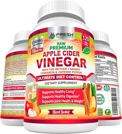 Apple Cider Vinegar Capsules Max 1740mg with Mother - 100% Natural & Raw with Cinnamon, Ginger & Cayenne Pepper - Ideal for Healthy Living, Detox & Digestion -120 Vegan Pills