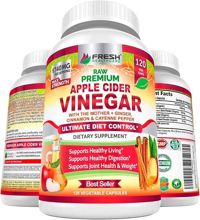 Apple Cider Vinegar Capsules Max 1740mg with Mother - 100% Natural & Raw with Cinnamon, Ginger & Cayenne Pepper - Ideal for Healthy Living, Detox & Digestion -120 Vegan Pills