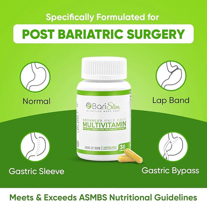 BariSlim Advanced Once Daily Bariatric Multivitamin Capsule - 45 mg of Iron - Bariatric Vitamin for Post Bariatric Surgery Including Gastric Bypass and Gastric Sleeve | 30 Day Supply