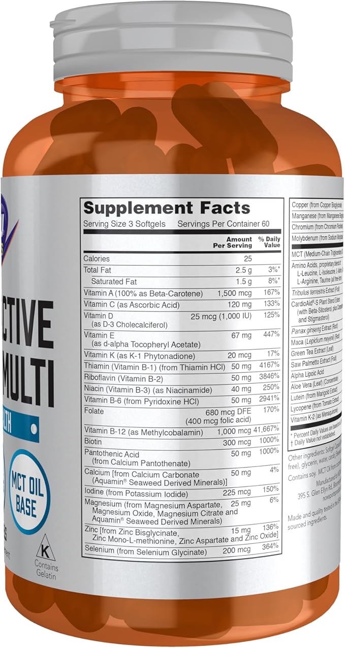 NOW Foods Sports Nutrition, Men's Extreme Sports Multi with Free-Form Amino Acids, ZMA®, Tribulus, MCT Oil, and Herbal Extracts, 180 Softgels