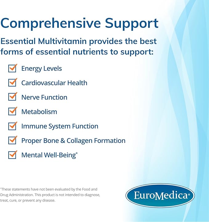 Euromedica Essential Multivitamin - Dietary Supplement to Aid Bone, Cardiovascular & Immune Health - Supplement with Chelated Minerals - Supplement with B-Vitamins & Vitamin C - 60 Tablets