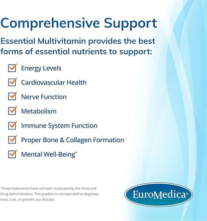 Euromedica Essential Multivitamin - Dietary Supplement to Aid Bone, Cardiovascular & Immune Health - Supplement with Chelated Minerals - Supplement with B-Vitamins & Vitamin C - 60 Tablets