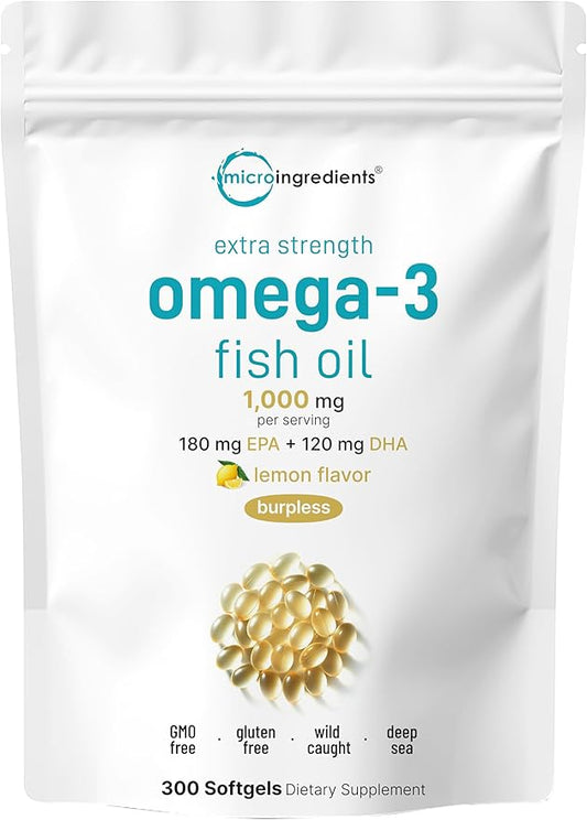 Extra Strength Omega 3 Fish Oil Supplements 1,000mg Per Serving, 300 Softgels | Lemon Flavored | Burpless | EPA 180mg + DHA 120mg | Deep Sea Fish