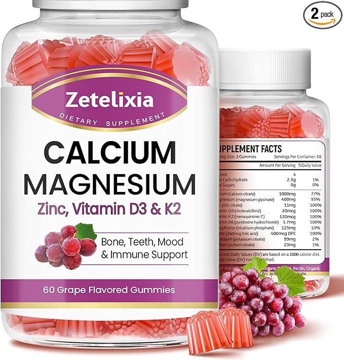 Calcium Gummies for Women Men, Calcium Magnesium Zinc with Vitamin D3 & K2, Calcium Magnesium Supplement for Bones Muscles and Joints, Grape Flavor - 120 Count