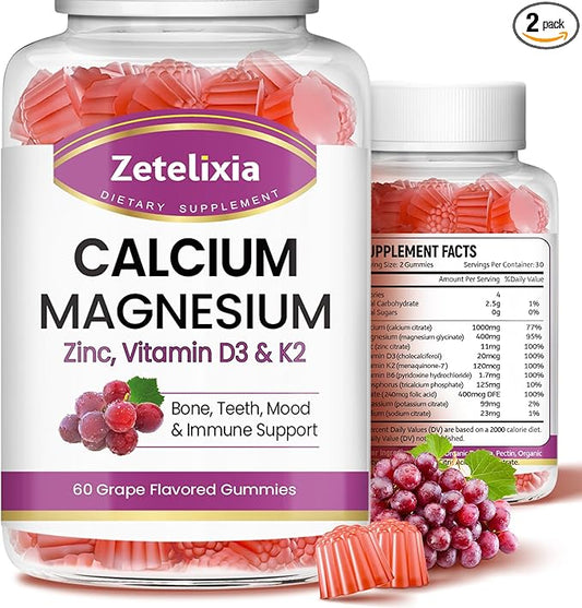 Calcium Gummies for Women Men, Calcium Magnesium Zinc with Vitamin D3 & K2, Calcium Magnesium Supplement for Bones Muscles and Joints, Grape Flavor - 120 Count