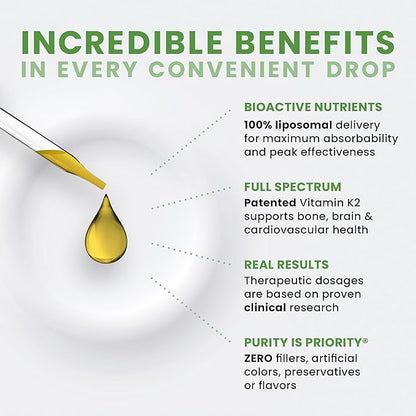 Pure Therapro Rx Ultimate K2 Supplement | Liquid Liposomal Vitamin K2 Drops | 90 Servings | 600mcg Vegan K2 as MK4 & MenaQ7 MK7 | Supports Bone Health, Heart Health, Skin & Hair | 10 mL