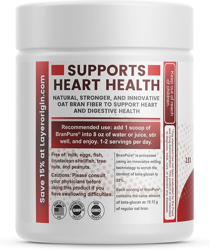 Layer Origin BranPure Super Concentrated Oat Bran Fiber Supplement - Heart Health Fiber, 1.5g Soluble Oat Beta-Glucan per Serving, Powder, 30 Servings