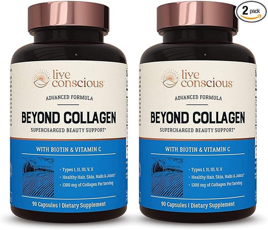 Live Conscious Beyond Collagen Multi Collagen Capsules - Types I, II, III, V & X | Hydrolyzed Blend with Biotin & Vitamin C for Hair, Skin, Nails 90 Capsules (2-Pack)