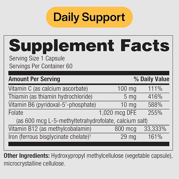 Ferrous Iron Complete: 29 mg Iron Supplement Iron with Vitamin C, Vitamin B12, B6, Thiamin and Folate Blood Support Iron Supplement for Men & Women Iron Pills Without GI Side Effects - 60 Capsules