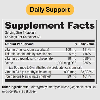 Ferrous Iron Complete: 29 mg Iron Supplement Iron with Vitamin C, Vitamin B12, B6, Thiamin and Folate Blood Support Iron Supplement for Men & Women Iron Pills Without GI Side Effects - 60 Capsules