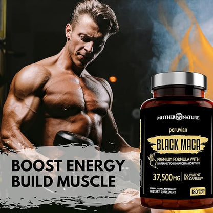 Mother Nature Black Maca Root Capsules – 50:1 37,500mg Peruvian Black Maca Root for Men, Women with Bioperine – Maca Root Capsules to Boost Stamina, Performance, Energy, Muscle Gain – 180-Count