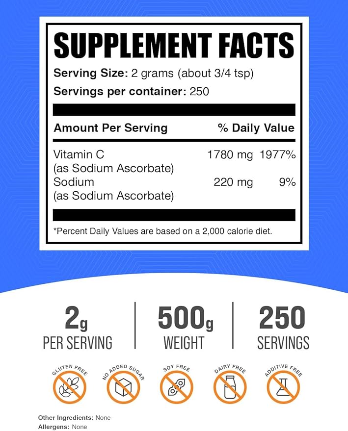 BulkSupplements.com Sodium Ascorbate Powder - for Immune Support, Sodium Ascorbate Vitamin C - Buffered Vitamin C, Gluten Free, 2000mg per Serving, 500g (1.1 lbs) (Pack of 1)