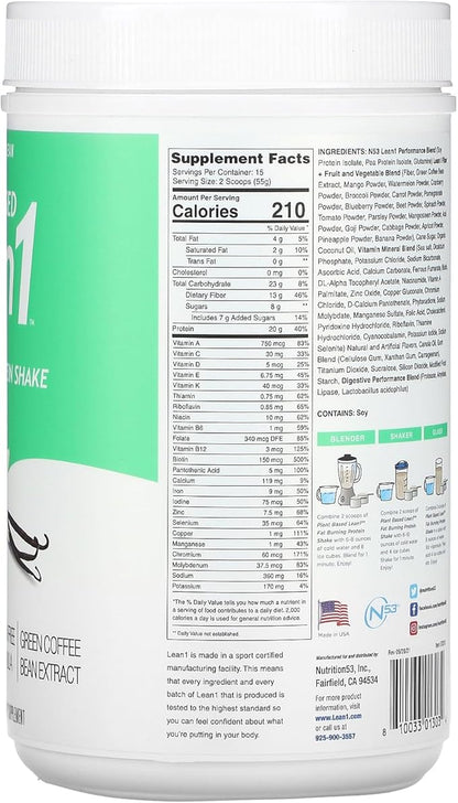 Lean1 Plant-Based Meal Replacement Protein Powder, Vanilla Flavor, 15-Serving Tub