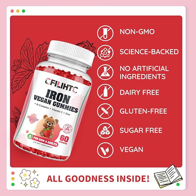 Iron Gummies for Kids, Women & Men, Iron Supplement with Multivitamin - Vitamin B Complex, C, B6, B12, Folate, Zinc for Anemia, Iron Deficiency, Blood Builder, Energy - Strawberry Flavor, Vegan 60ct