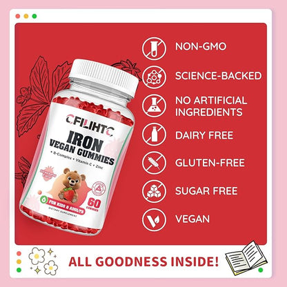 Iron Gummies for Kids, Women & Men, Iron Supplement with Multivitamin - Vitamin B Complex, C, B6, B12, Folate, Zinc for Anemia, Iron Deficiency, Blood Builder, Energy - Strawberry Flavor, Vegan 60ct
