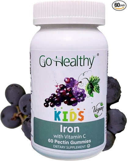 Go Healthy Iron Gummies for Kids, Toddlers, Teens with Vitamin C, Vegan Supplement - Children's Energy, Brain & Immune Support - Grape Flavor, Gluten Free, Kosher, Halal - 30 Servings