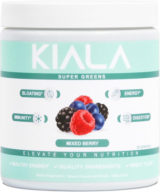 Kiala Nutrition Super Greens, Organic Greens Powder with Spirulina & Chlorella for Digestion, Gut Health, Immunity & Energy, Gluten Free, Vegan, Daily Support for Women, Mixed Berry, 30 Servings