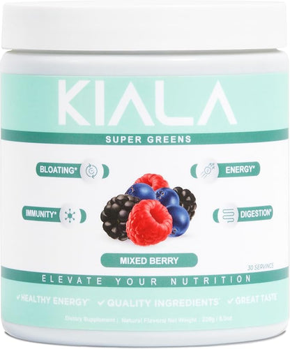 Kiala Nutrition Super Greens, Organic Greens Powder with Spirulina & Chlorella for Digestion, Gut Health, Immunity & Energy, Gluten Free, Vegan, Daily Support for Women, Mixed Berry, 30 Servings