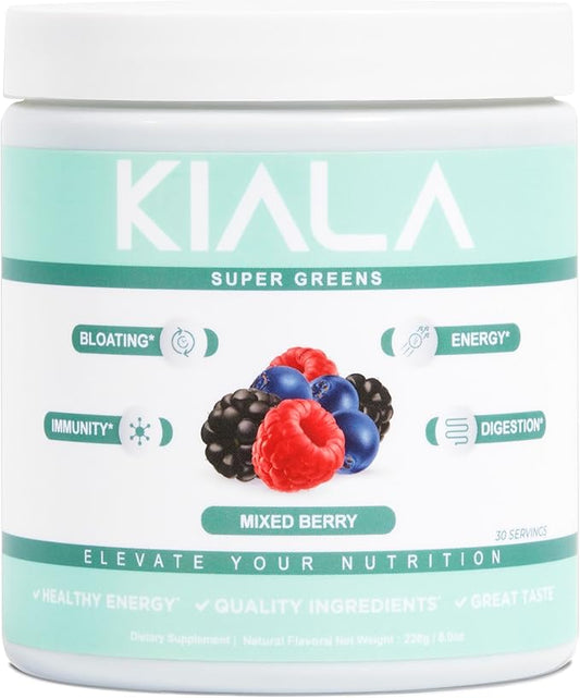 Kiala Nutrition Super Greens, Organic Greens Powder with Spirulina & Chlorella for Digestion, Gut Health, Immunity & Energy, Gluten Free, Vegan, Daily Support for Women, Mixed Berry, 30 Servings