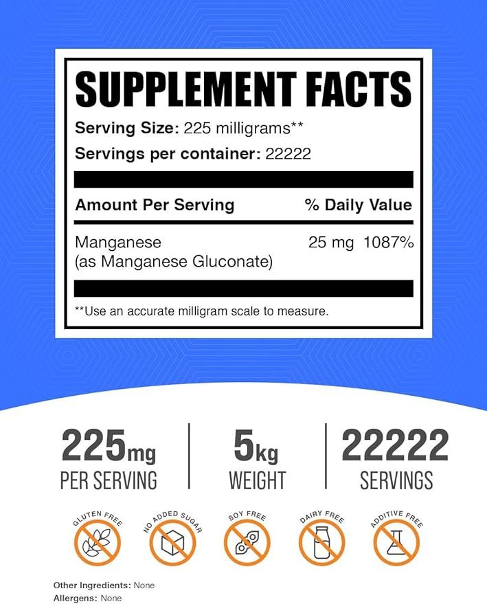 BulkSupplements.com Manganese Gluconate Powder - Manganese Supplements, Essential Trace Mineral - High Absorption & Gluten Free, 225mg per Serving, 5kg (11 lbs) (Pack of 5)