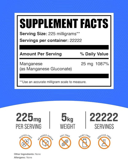 BulkSupplements.com Manganese Gluconate Powder - Manganese Supplements, Essential Trace Mineral - High Absorption & Gluten Free, 225mg per Serving, 5kg (11 lbs) (Pack of 5)