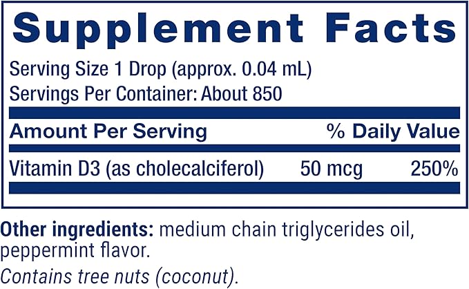 Life Extension Liquid Vitamin D3 (Mint), 50 mcg (2000 IU), Immune System Support, Bone Health, Whole-Body Health, Tasty Peppermint Flavor, Gluten Free, Non-GMO, 29.57 ml