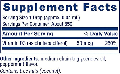 Life Extension Liquid Vitamin D3 (Mint), 50 mcg (2000 IU), Immune System Support, Bone Health, Whole-Body Health, Tasty Peppermint Flavor, Gluten Free, Non-GMO, 29.57 ml