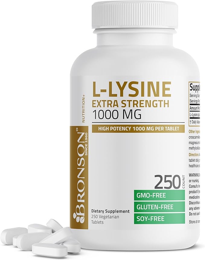 Bronson L-Lysine Extra Strength 1000 MG per Tablet High Potency, Immune Support & Supports Collagen Synthesis, Non-GMO, 250 Vegetarian Tablets