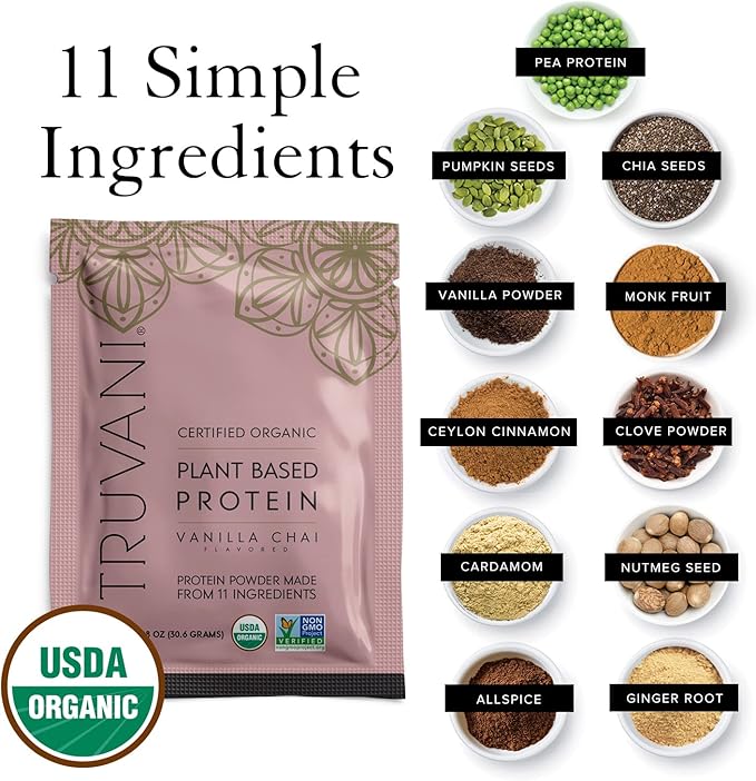 Truvani Vegan Pea Protein Powder | Vanilla Chai | 20g Organic Plant Based Protein | 10 Travel Packets | Keto | Gluten & Dairy Free | Low Carb | No Added Sugar