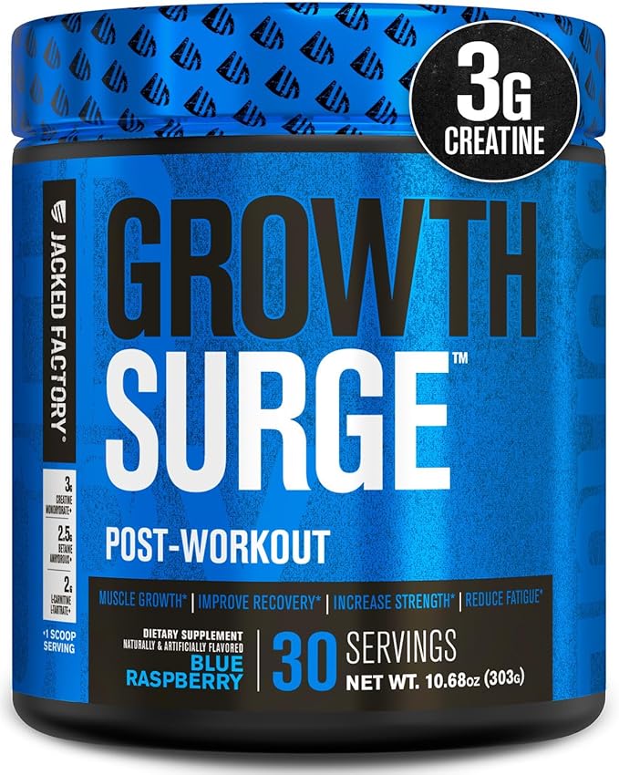 Jacked Factory Growth Surge Creatine Post Workout w/L-Carnitine - Daily Muscle Builder & Recovery Supplement with Creatine Monohydrate, Betaine, L-Carnitine L-Tartrate - 30 Servings, Blue Raspberry