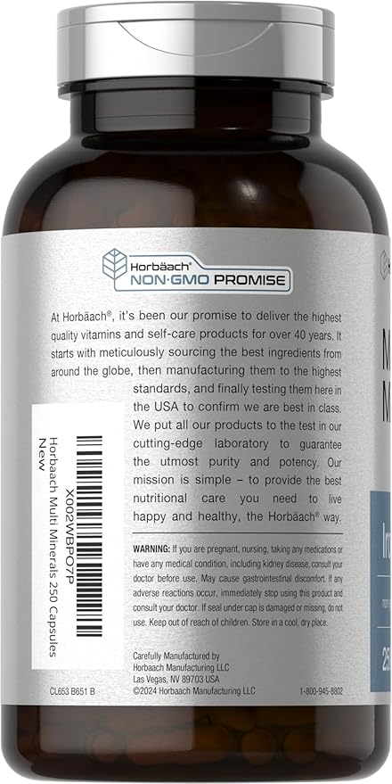 Horbäach Multi Minerals Supplement | 250 Capsules | Iron Free | Daily Mineral Complex for Men and Women | Non-GMO & Gluten Free