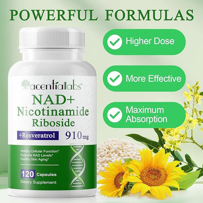 NAD+ Supplement 910mg - Liposomal Nicotinamide Riboside, Resveratrol, Quercetin, NAD Supplement Vitamin D3, Vitamin C - Cellular Energy, Repair and Aging for Men and Women, 120 Capsules