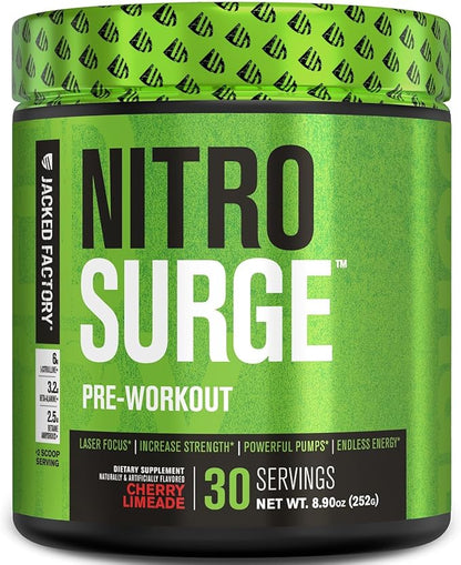 Jacked Factory NITROSURGE Pre Workout Supplement - Endless Energy, Instant Strength Gains, Clear Focus, Intense Pumps - NO Booster & Preworkout Powder with Beta Alanine - 30 Servings, Cherry Limeade