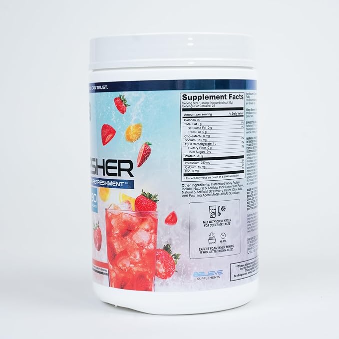 Protein Refresher (25 Servings) - Revolutionary Juice-Type Whey Protein Powder for Fitness, Bodybuilding, Gym, or for Bigger Protein Intake (25 Scoops, Strawberry Lemonade)