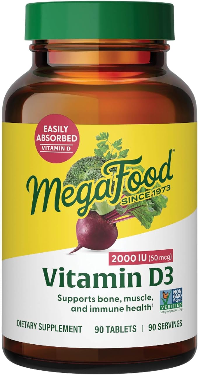 MegaFood Vitamin D3 2000 IU (50 mcg) - Vitamin D Supplements With Real Food, Immune Support, Supports Bones, Teeth & Muscles, Vegetarian, Certified Non-GMO, Kosher – 90 Tablets, 90 Servings
