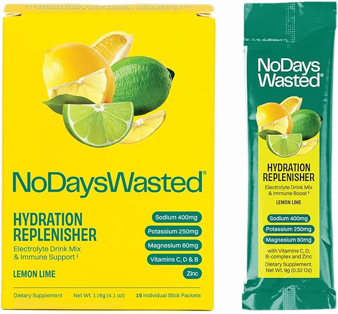 Hydration Replenisher 15 Count - Electrolyte Powder Drink Mix - Lemon Lime - Sodium and Potassium for Rehydrating Plus Vitamins for Support (15 Count)