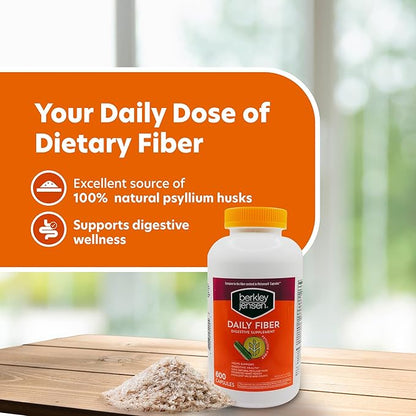 Berkley Jensen Daily Psyllium Husk Supplement (600 - Count), Natural Fiber for Men & Women - Fiber Capsules for Overall Digestive Health, Easing Constipation, Aiding Nutrient Absorption (Pack of 1)