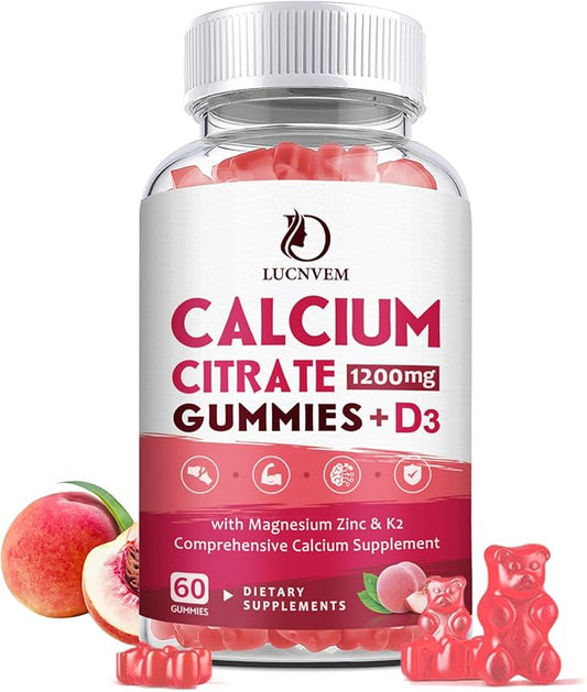 Calcium Citrate 1200mg with Vitamin D3 Gummies, Calcium Gummies with Vitamin D3 for Women & Men, Calcium Magnesium Zinc for Bone Muscle Healthy- Natural White Peach Flavor- 30 Day Supply