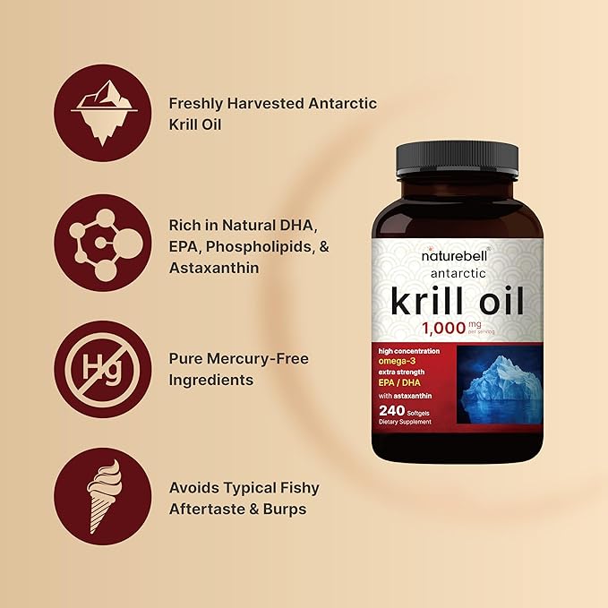 NatureBell Antarctic Krill Oil 1000mg Supplement, 240 Softgels, Natural Source of Omega-3s, EPA, DHA and Astaxanthin - No Aftertaste - Support Heart Health, Mercury Free & Non-GMO