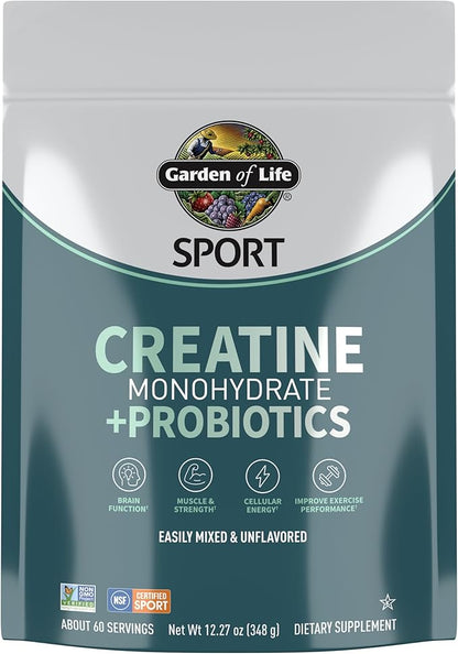 Garden of Life Creatine Monohydrate Powder for Women and Men, Micronized Pre Workout with Probiotics for Muscle, Strength, Performance, Sport Amino Energy, About 60 Easy to Mix Unflavored Servings