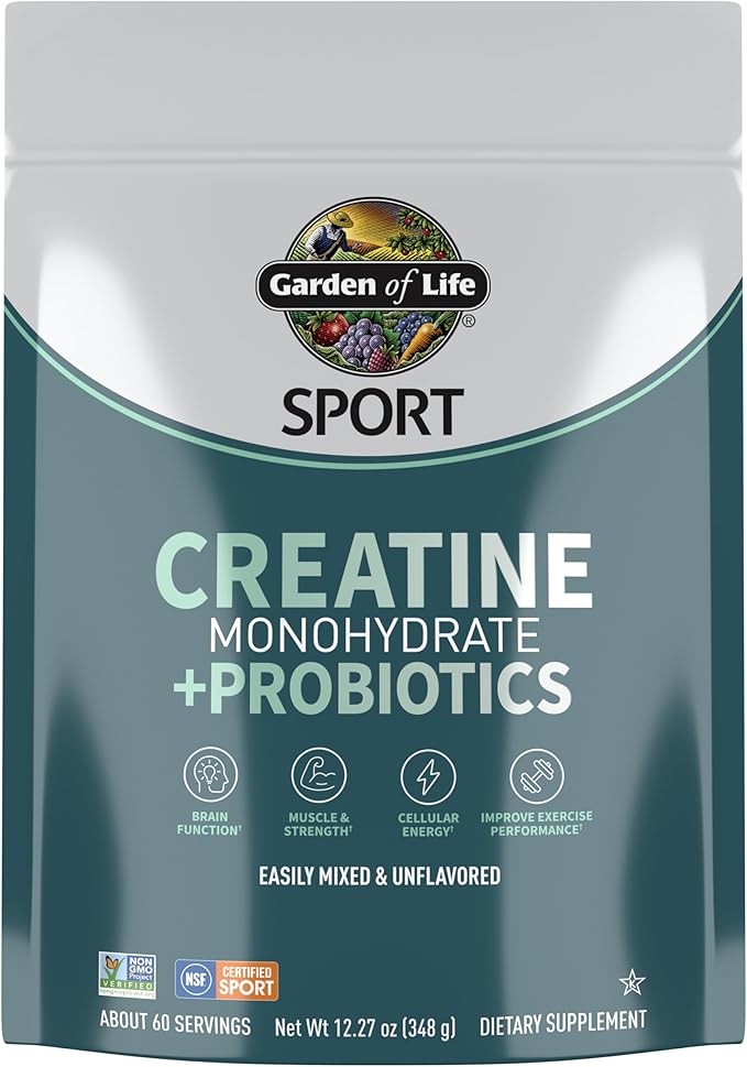 Garden of Life Creatine Monohydrate Powder for Women and Men, Micronized Pre Workout with Probiotics for Muscle, Strength, Performance, Sport Amino Energy, About 60 Easy to Mix Unflavored Servings