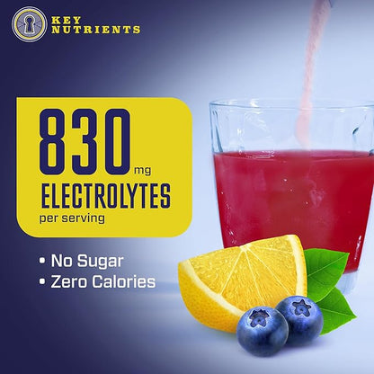 KEY NUTRIENTS Multivitamin Electrolytes Powder No Sugar - Fresh Blueberry Lemonade Electrolyte Powder - Endurance & Energy Supplement - Hydration Powder - No Calories - 90 Servings - Made in USA