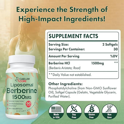 Liposomal Berberine HCL - Berberine 1500mg Activates AMPK & GLP-1, High Bioavailability Berberines Supplement for Women and Men, Berberine Plus Overall Health Support (2 Pack)