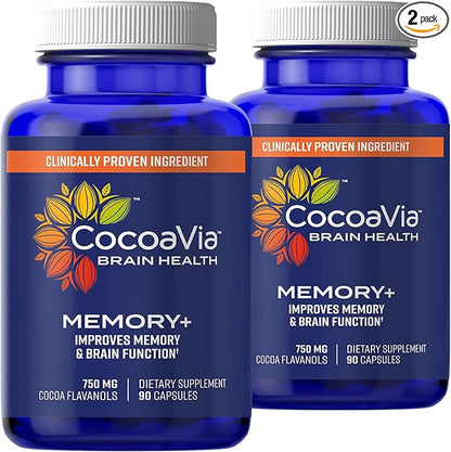 CocoaVia Memory+ Brain Supplement, 60 Day, 750 mg Cocoa Flavanols, Memory & Brain Booster, Vegan, Plant Based,180 Capsules
