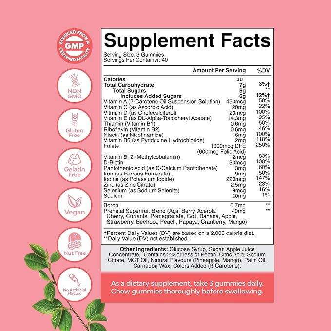 Vegan Prenatal Gummies for Women - Gummy Prenatal Vitamins for Women with Iron Folic Acid and Superfruit Blend - Chewable Prenatal Vitamins for Women Gummy Formula (Pineapple Mango) - 40 Day Supply