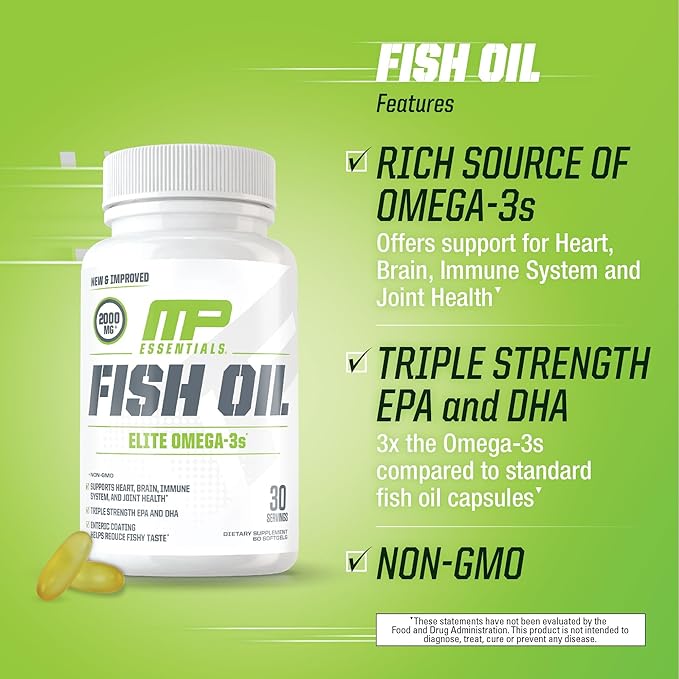 MusclePharm Essentials Fish Oil, Elite Omega 3 Supplement, Supports Joints, Muscular Performance & Recovery, Brain, Heart & Immune Health, 2000mg Omega 3 Fish Oil Per Serving, 60 Softgels, 30 Servings